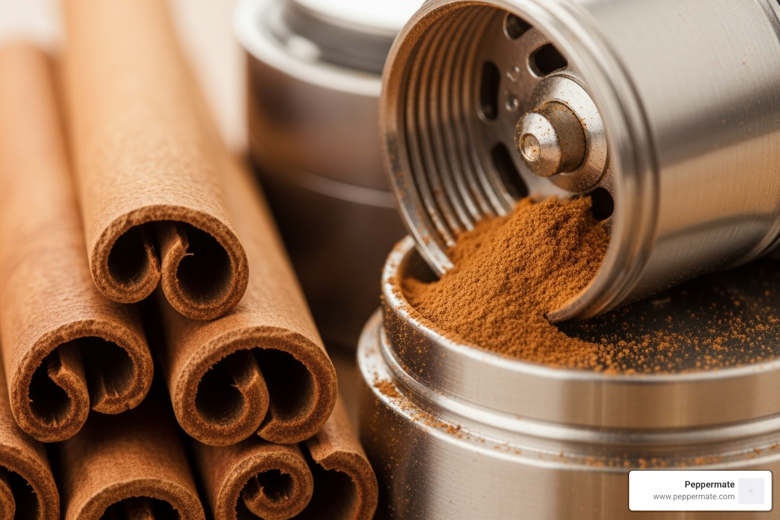 Cinnamon sticks next to a high-quality spice grinder, showing the resulting fresh powder - gourmet cinnamon sticks