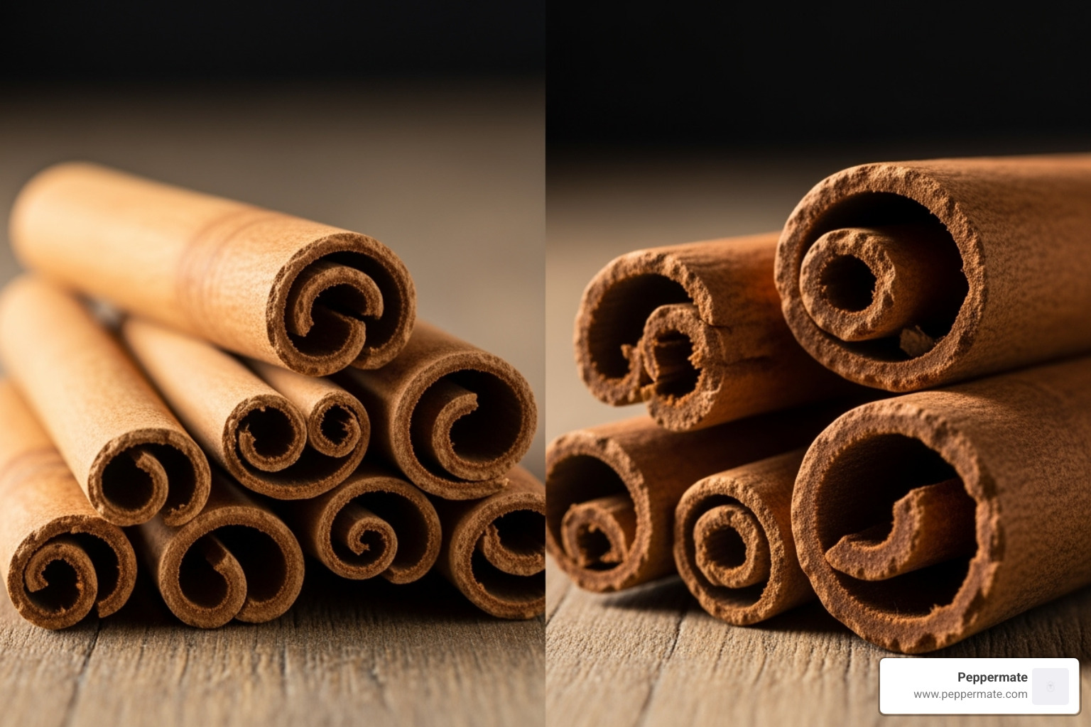 Side-by-side comparison of thin, multi-layered Ceylon cinnamon sticks and thick, single-layered Cassia cinnamon sticks - gourmet cinnamon sticks
