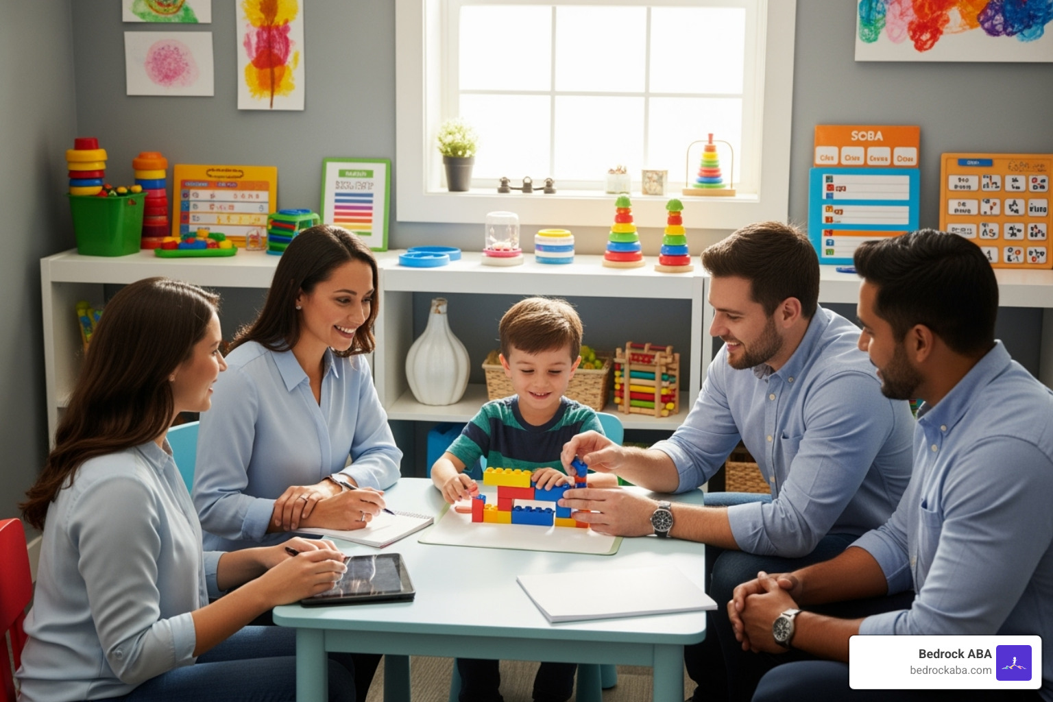 Image illustrating the collaborative roles within an collaborative ABA therapy team, showing a BCBA supervising a BCaBA, who in turn supervises an RBT, all working together with a child and family in a supportive and integrated manner. - aba certification