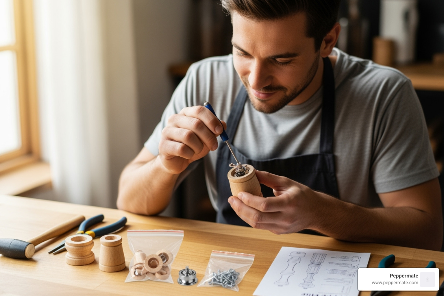 Home cook or hobbyist assembling a pepper mill with a PepperMate kit, showing focus and satisfaction - pepper mill parts