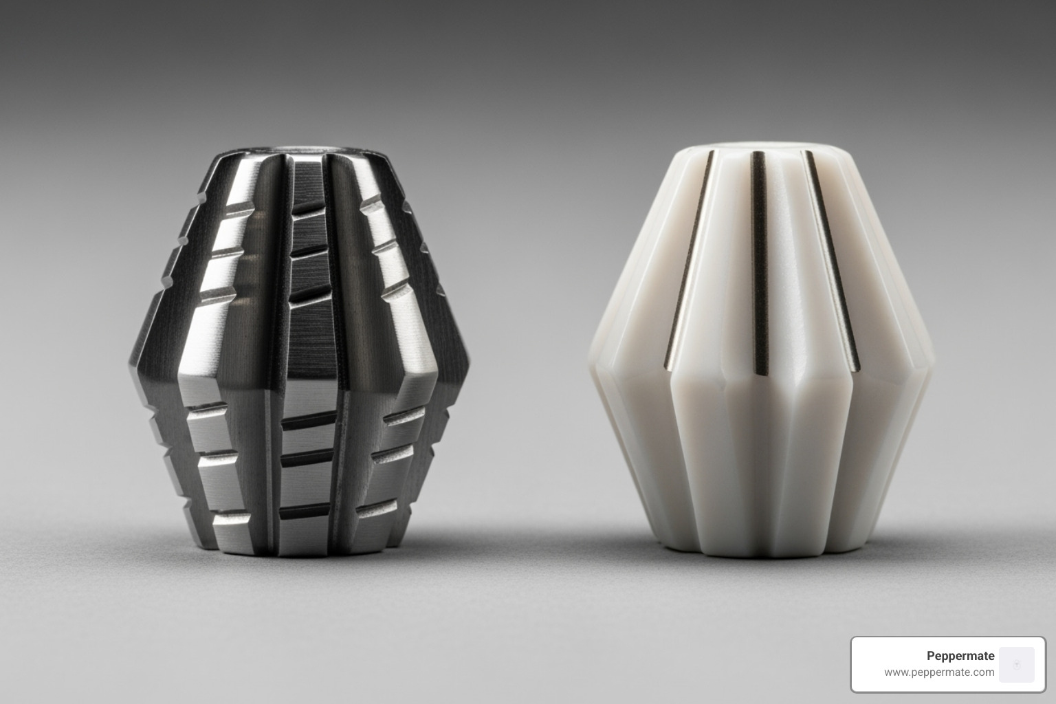 Side-by-side comparison of a stainless steel burr and a ceramic burr, highlighting their distinct designs and materials - pepper mill parts