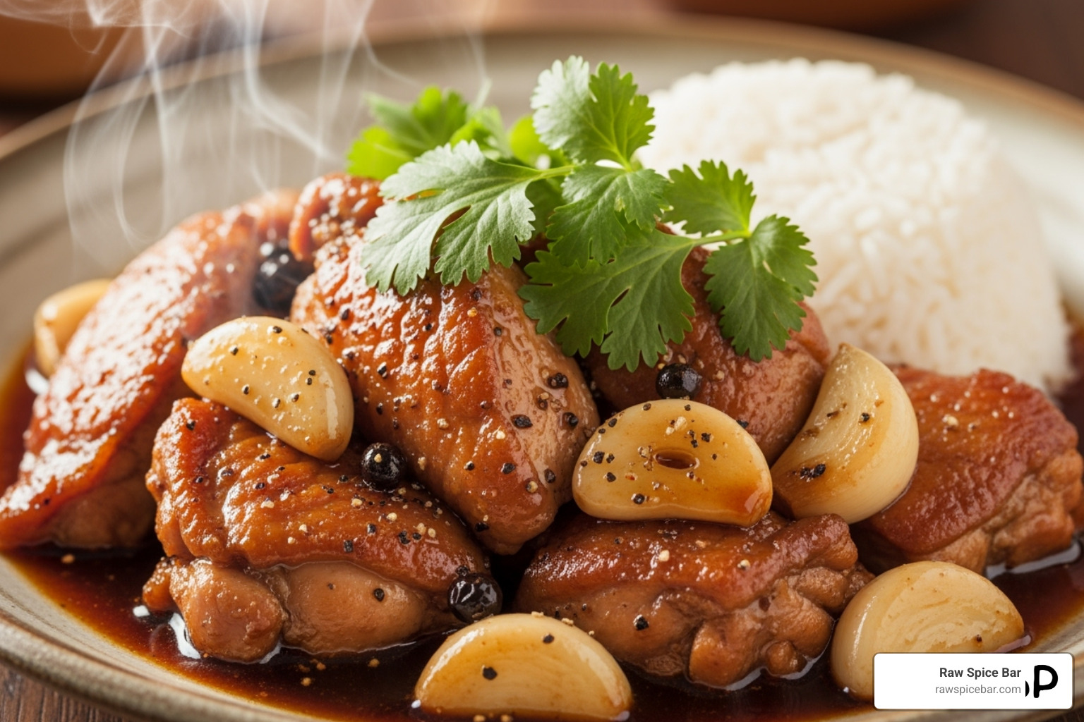 delicious-looking dish like chicken adobo garnished with fresh herbs - salt free adobo