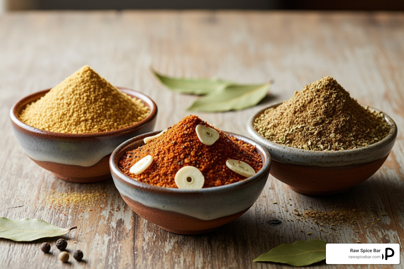 three different salt-free adobo blends in small bowls, showing texture and color variations - salt free adobo
