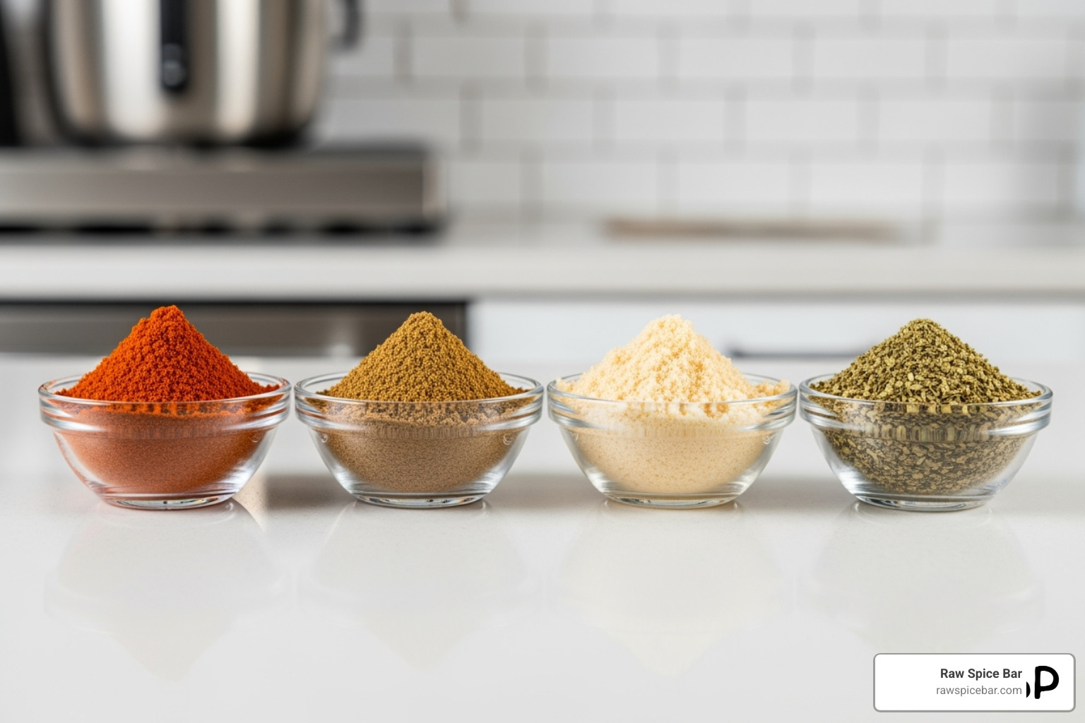 individual ground spices measured out in small bowls before mixing - no salt chili powder