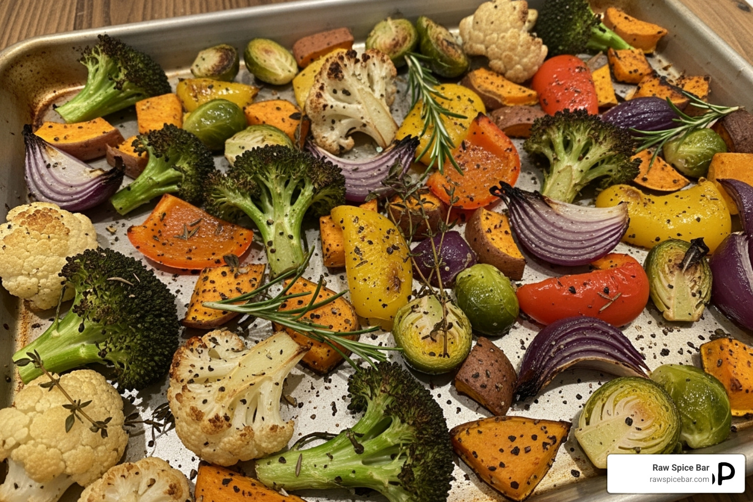 seasoned roasted vegetables on a baking sheet - no salt chili powder