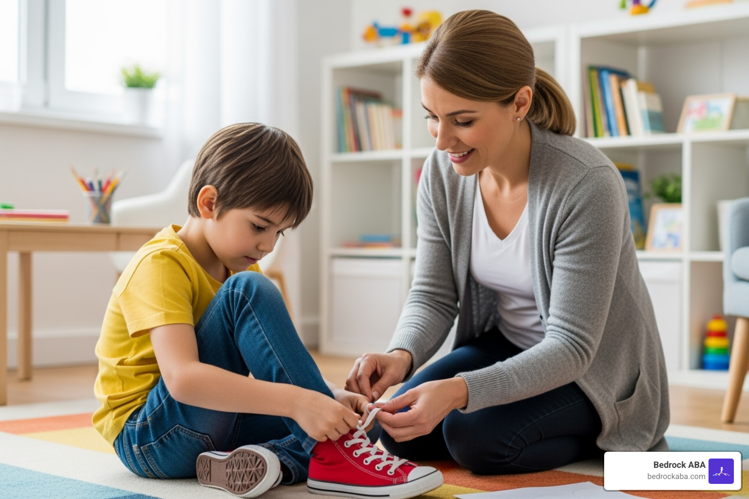 A child practicing a daily living skill like tying shoes with a therapist's guidance - aba therapy home based