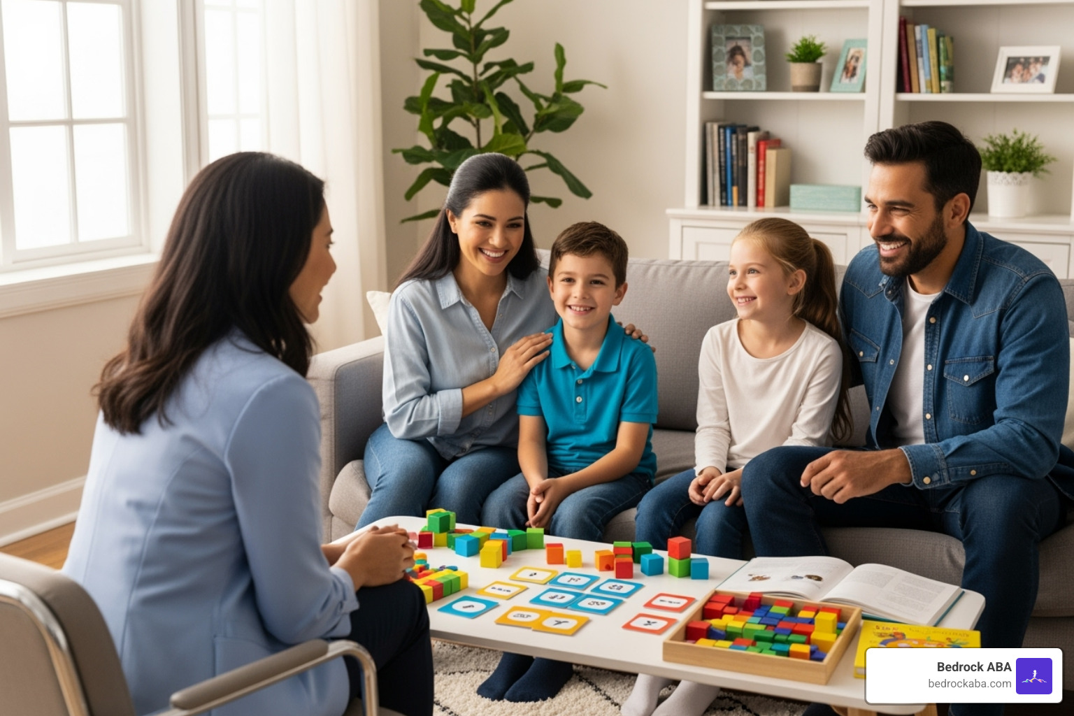A family smiling together during a therapy session at home - aba therapy home based