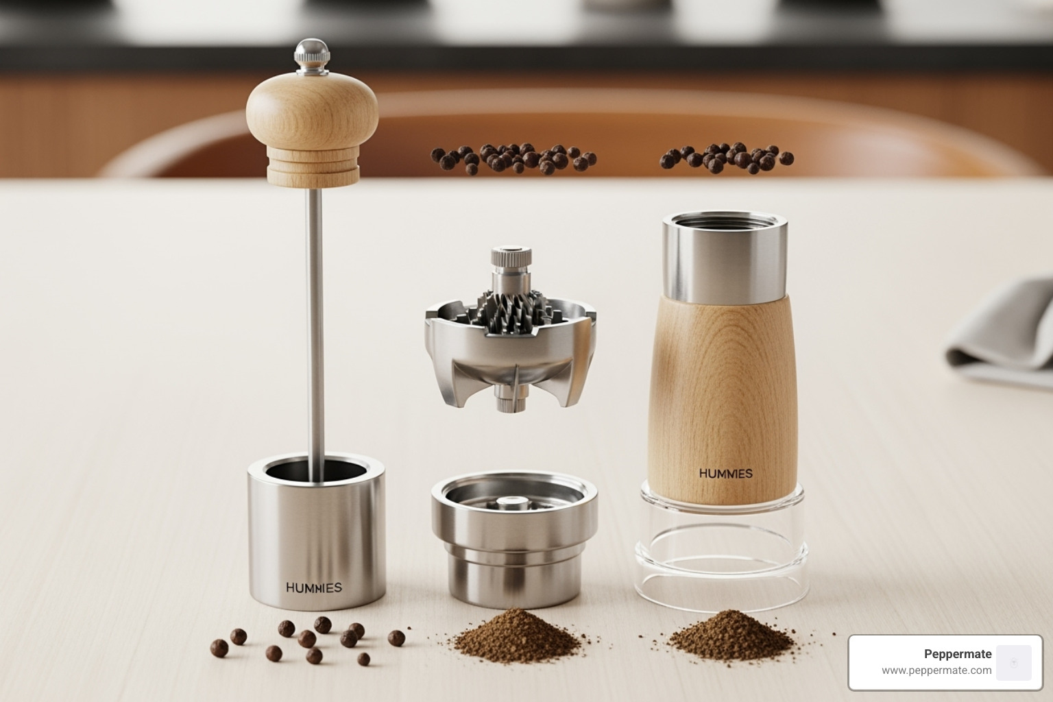 Detailed diagram labeling the different PepperMate pepper mill parts, including hopper, grinding mechanism, burrs, adjustment mechanism, shaft, handle/knob, and collection chamber - pepper mill parts