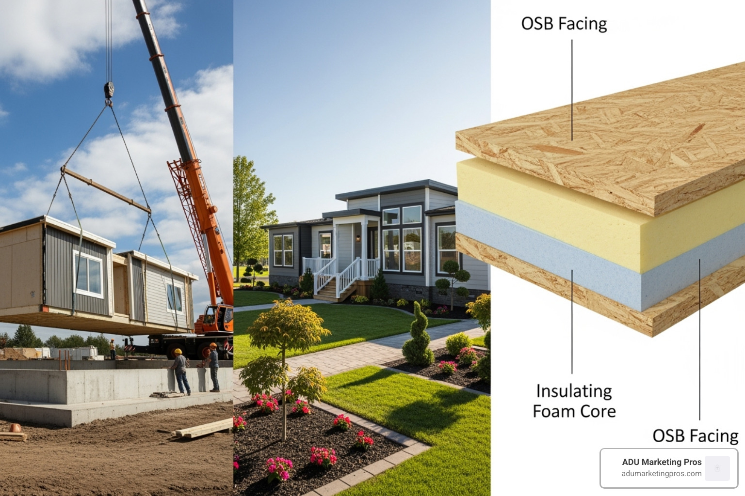 Image showcasing the different types of prefab homes: a modular home being craned onto a foundation, a stylish manufactured home, and a cutaway of a Structural Insulated Panel (SIP) - prefab homes san diego