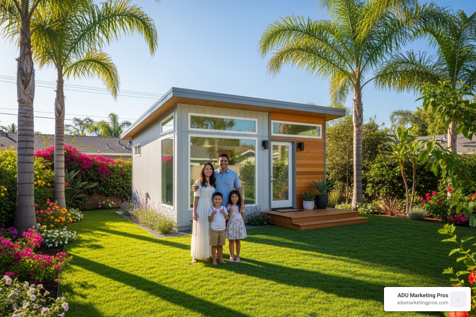 happy family standing in front of their newly completed prefab ADU in a lush San Diego backyard - prefab homes san diego