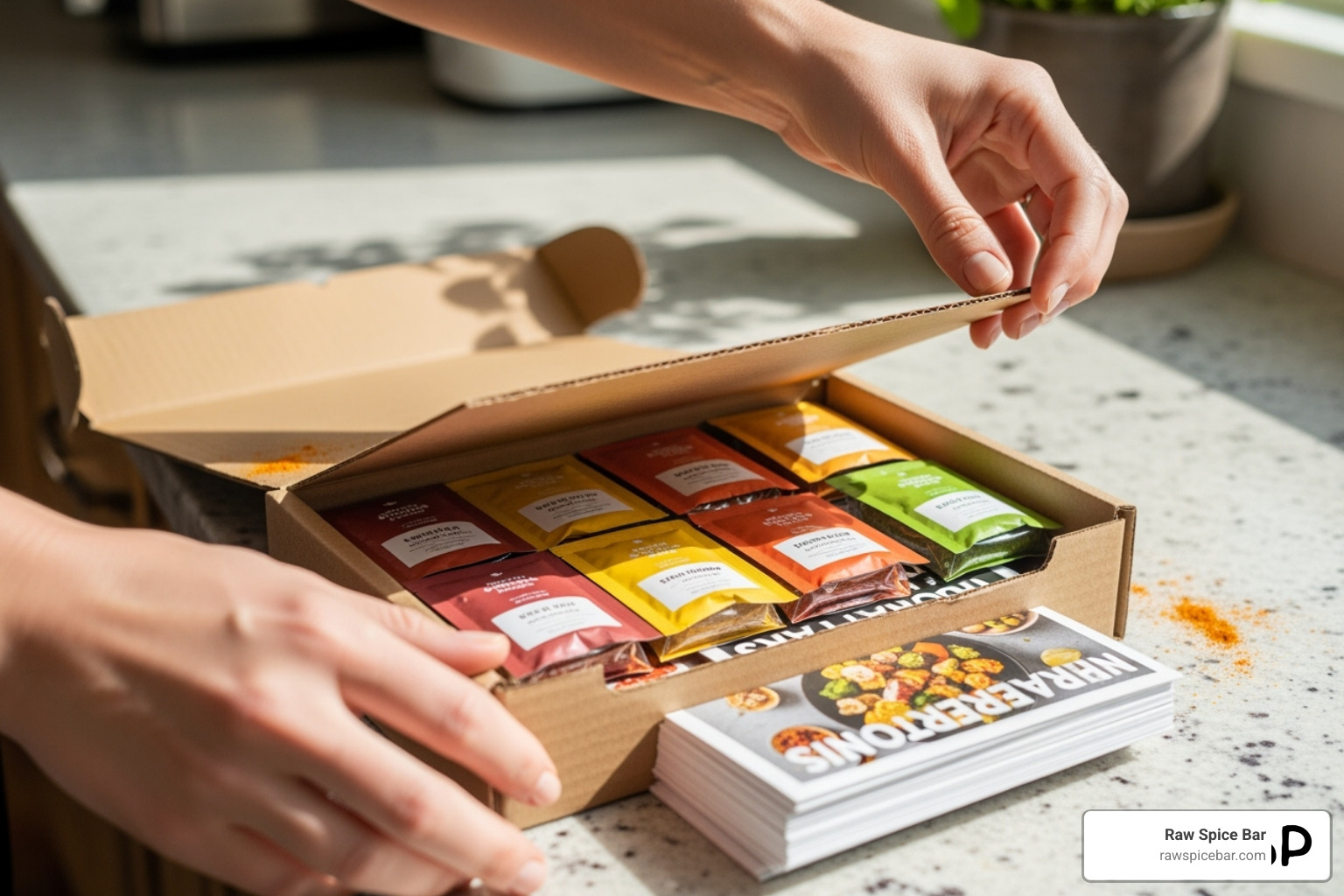 person unboxing a Raw Spice Bar subscription, showing spice packets and recipe cards - spice subscription box