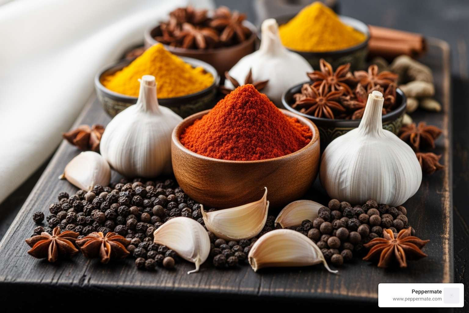 A collection of whole and ground spices like paprika, peppercorns, and garlic cloves on a wooden board - gourmet burger spice