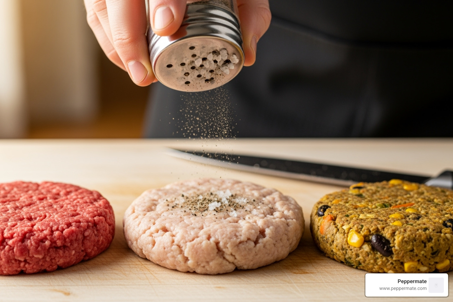 Different types of burger patties (beef, turkey, veggie) being seasoned - gourmet burger spice
