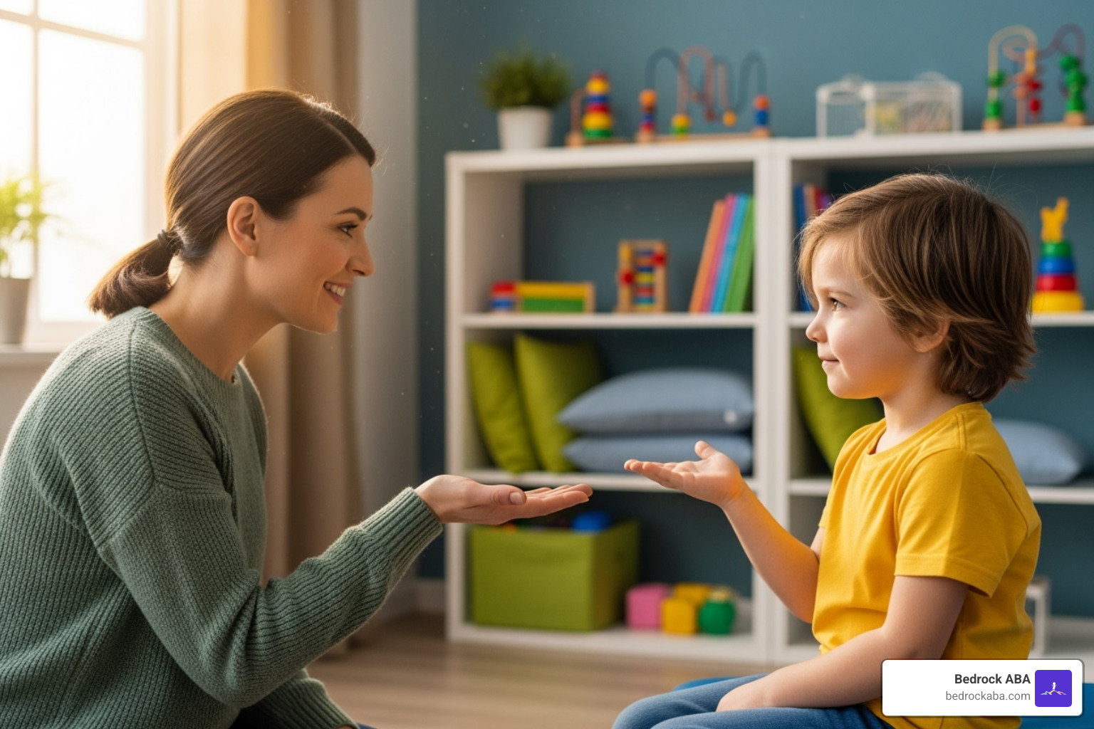 a therapist demonstrating a social skill to a child - aba therapy for social skills