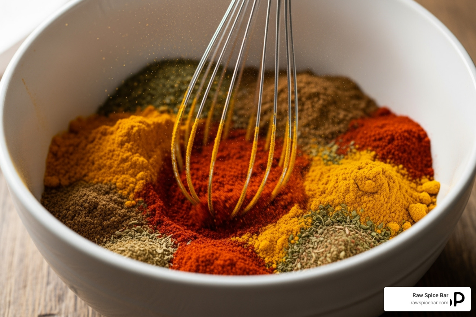 spices being whisked together in a bowl - no salt chili seasoning