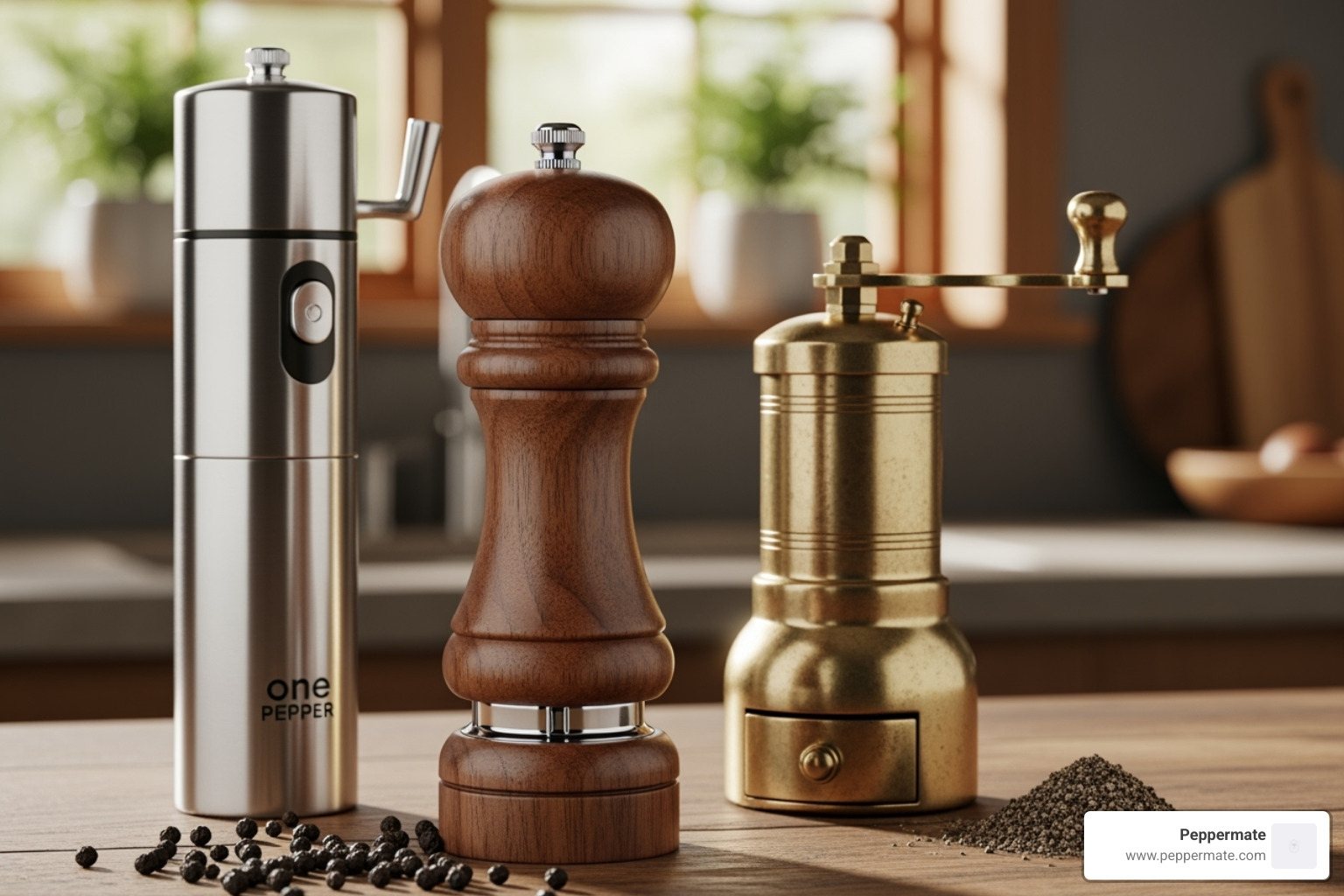 Peppermate's classic twist mill, crank-style mill, and one-handed mill options - manual pepper mill grinder Peppermate's classic twist mill, crank-style mill, and one-handed mill options - manual pepper mill grinder