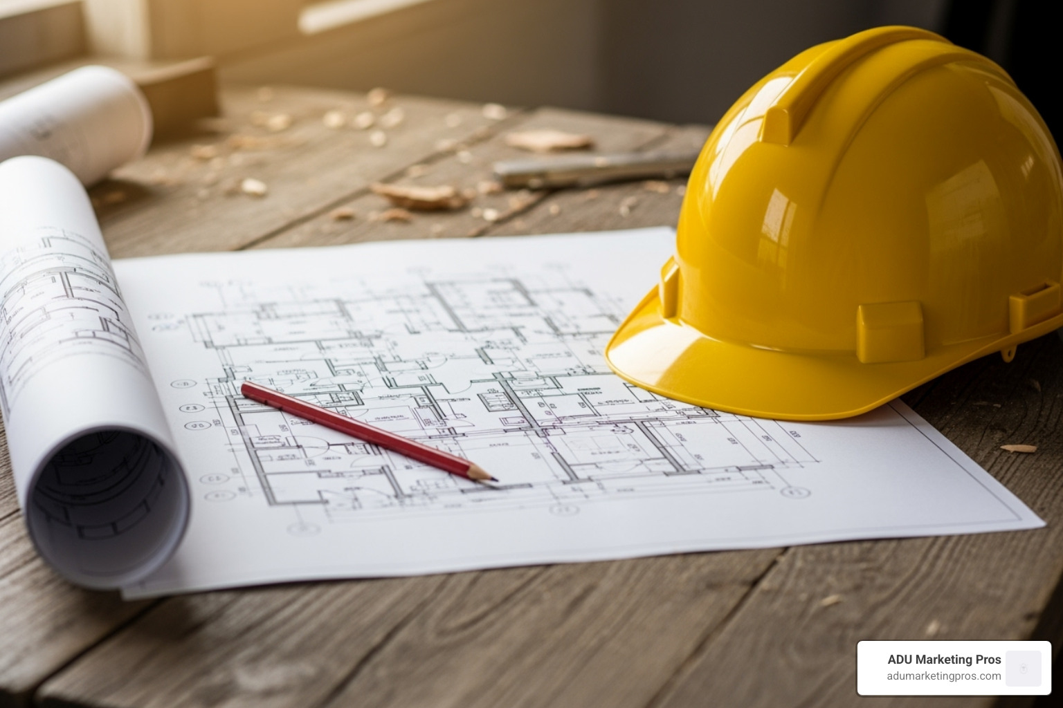 blueprint and a hard hat on a table, symbolizing the planning phase of a prefab home project - prefab homes san diego