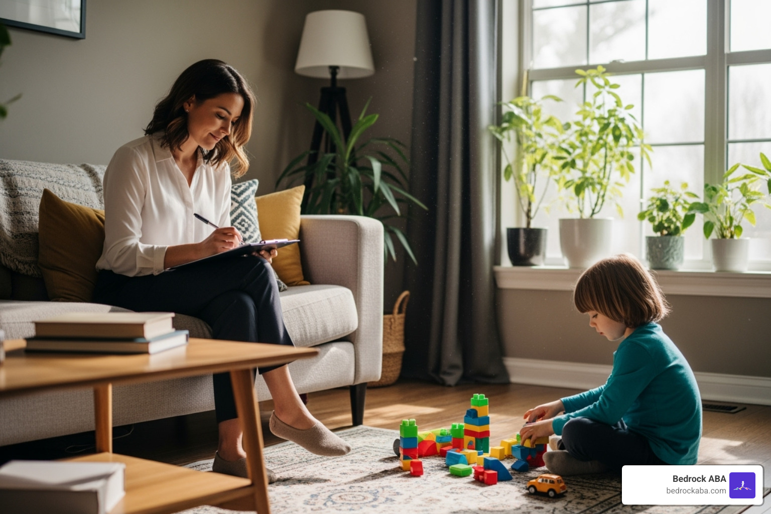 A therapist taking notes during a session in a home setting, with a child playing nearby. - aba therapist A therapist taking notes during a session in a home setting, with a child playing nearby. - aba therapist