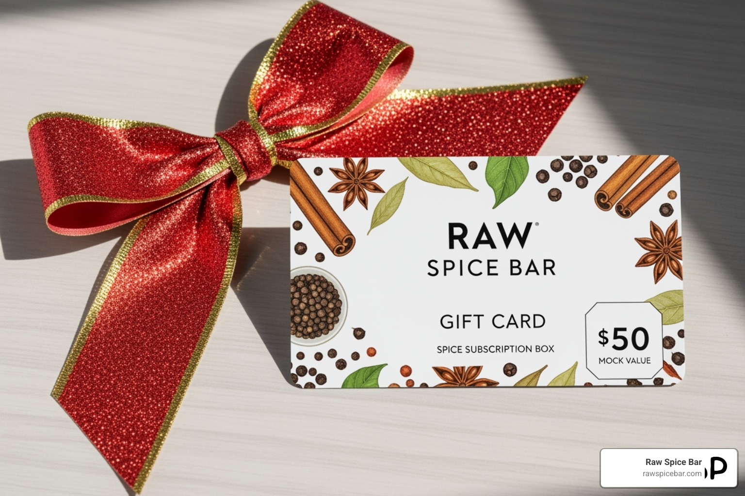 a Raw Spice Bar gift card for a subscription box next to a festive ribbon - cooking subscription box gift