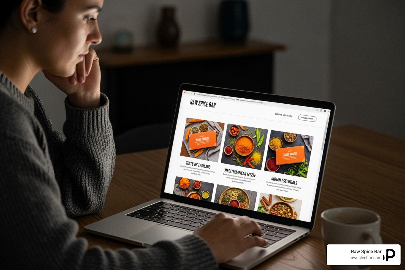a person thoughtfully browsing different Raw Spice Bar box options on a laptop - cooking subscription box gift