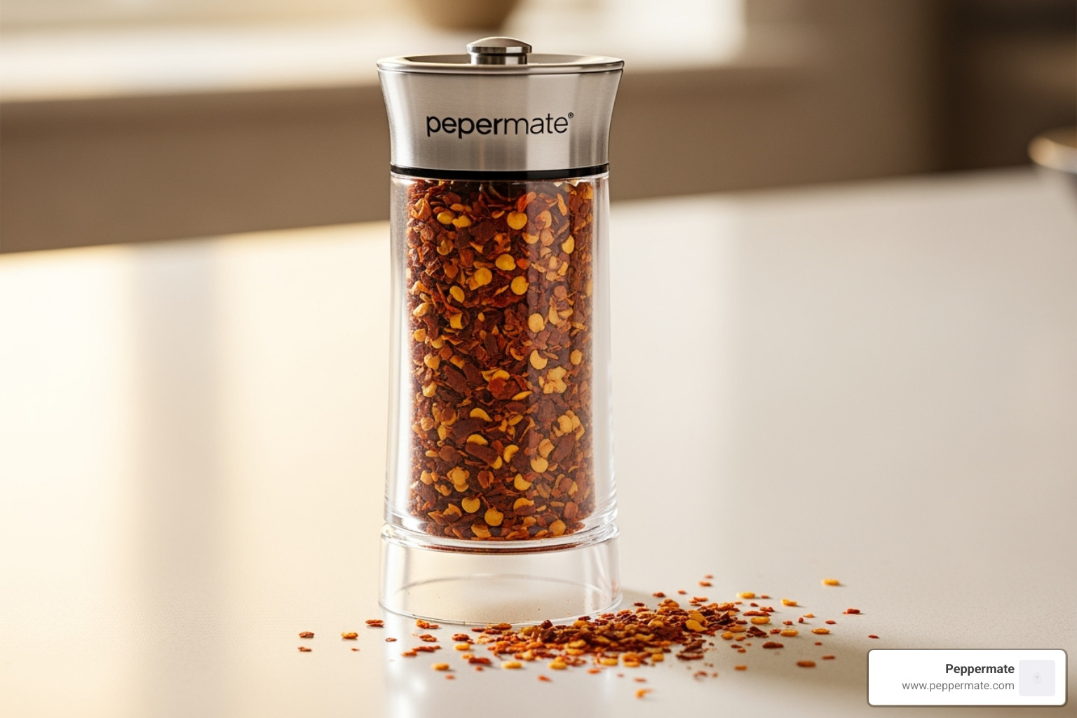 gourmet chili flakes stored in a clear Peppermate grinder on a kitchen counter - gourmet chili flakes