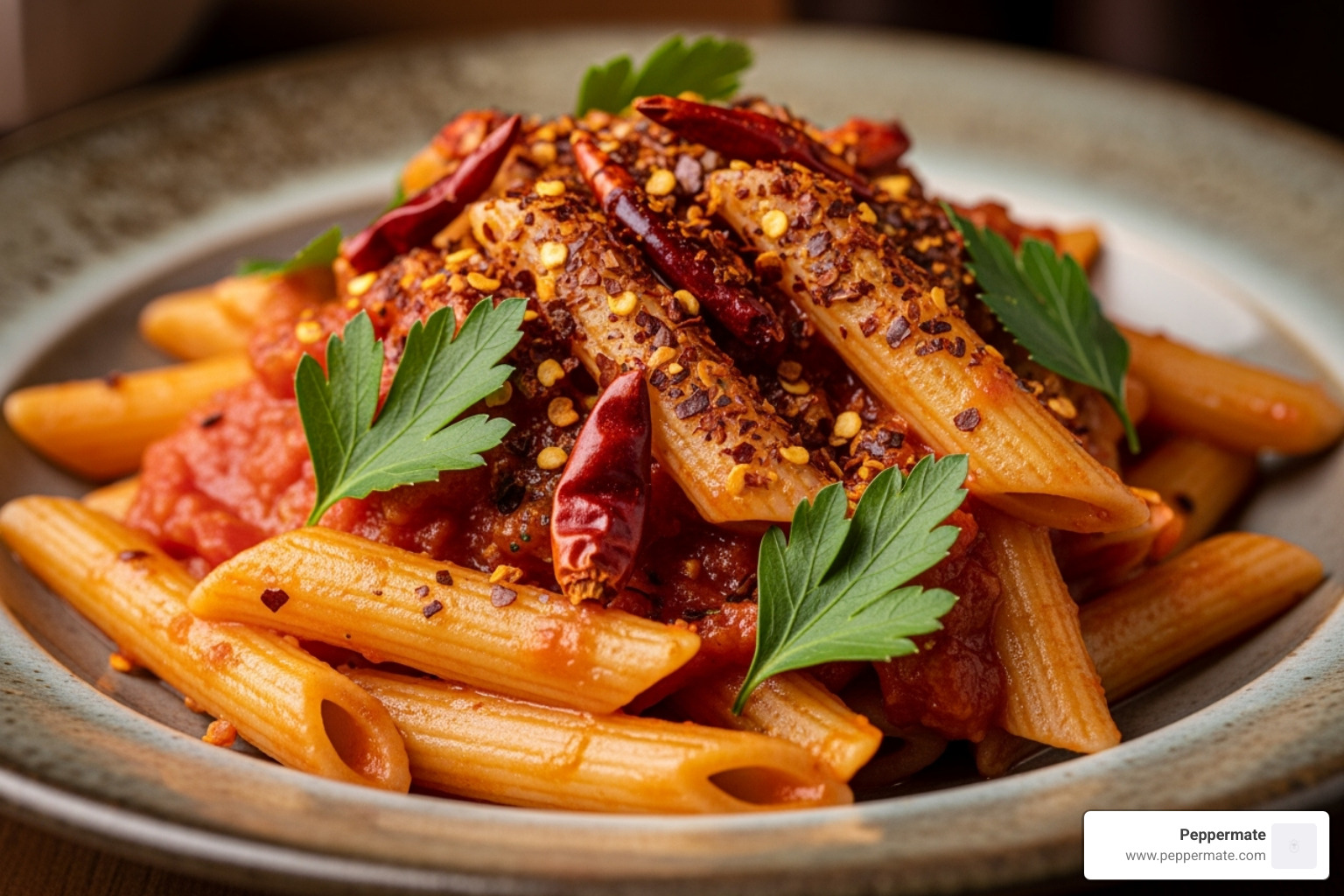 beautiful pasta arrabbiata garnished with gourmet chili flakes - gourmet chili flakes