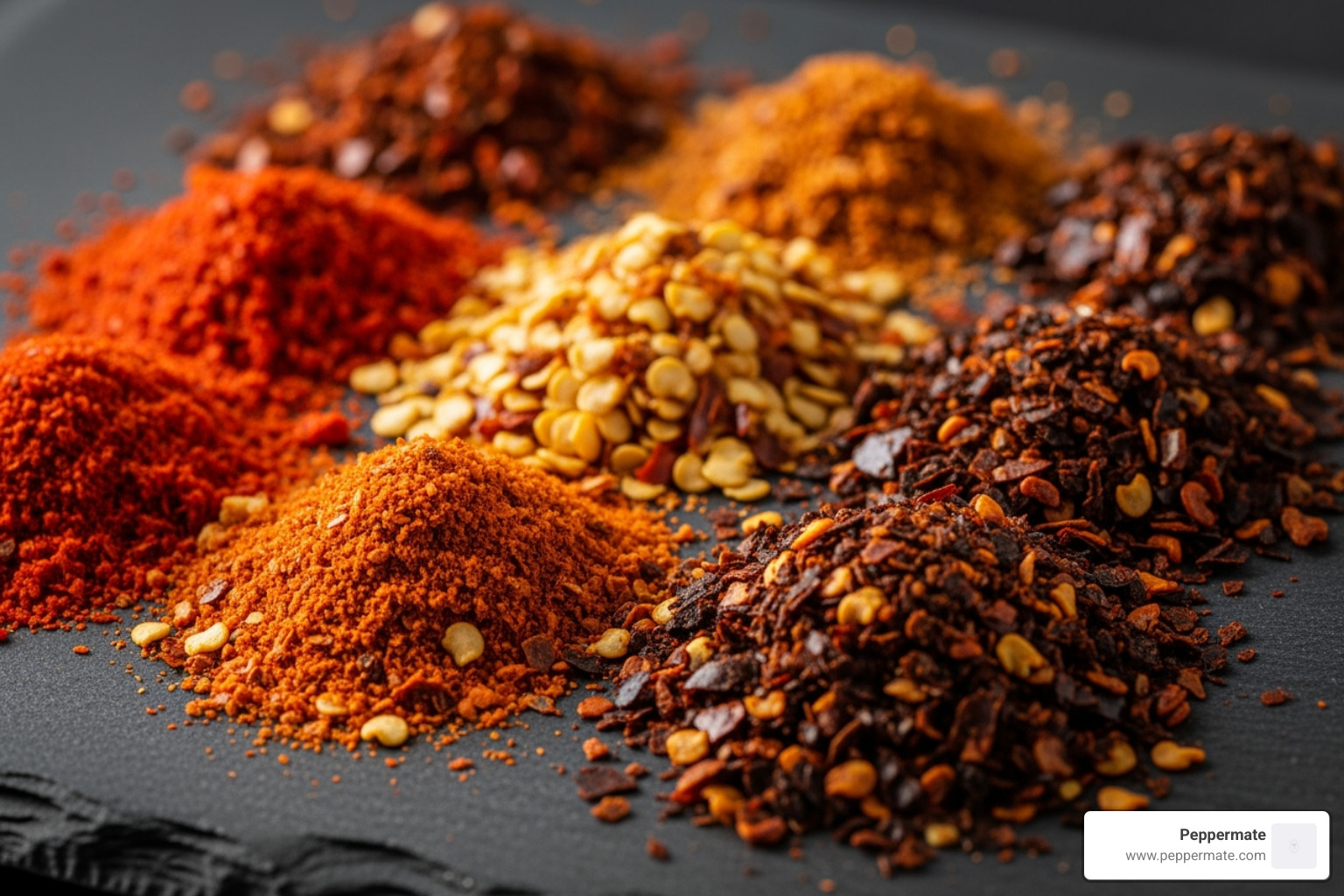 different types of chili flakes side-by-side showing color and texture variations - gourmet chili flakes