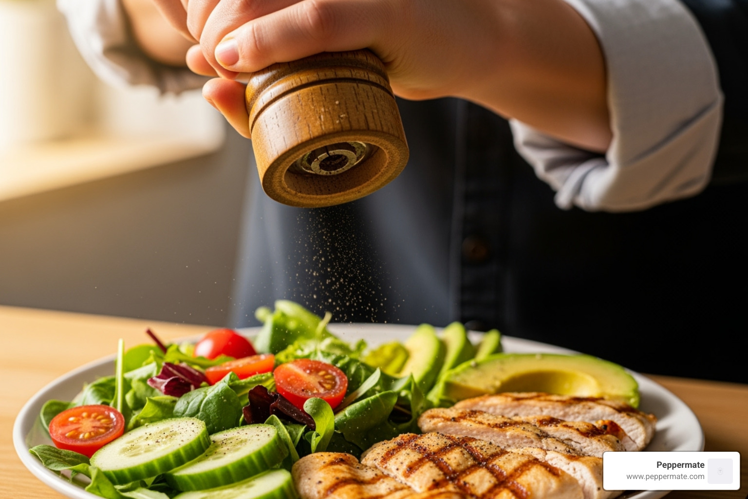 Healthy meal like a salad or grilled chicken being seasoned with black pepper - gourmet black peppercorns