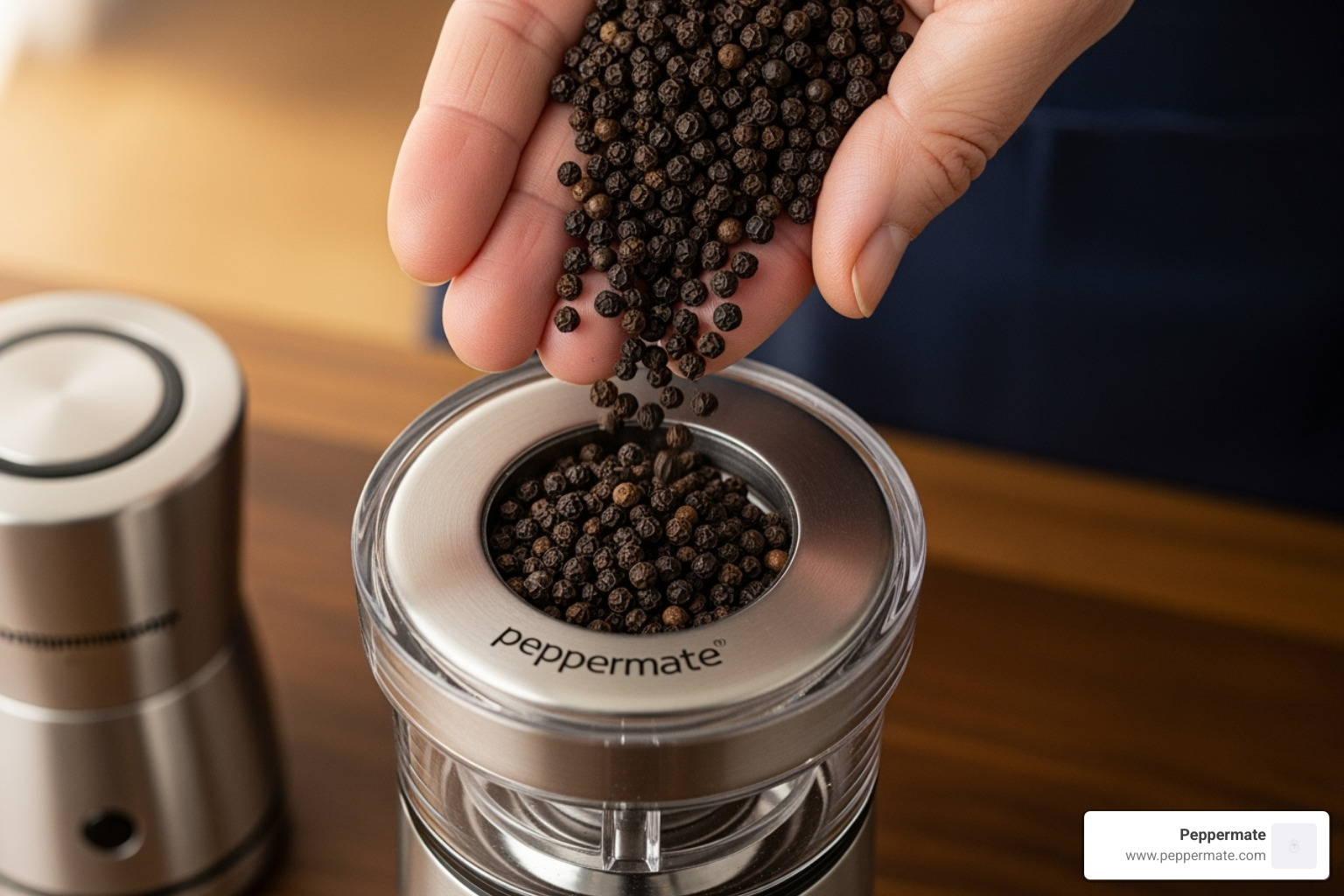 Whole peppercorns being poured into a Peppermate grinder - gourmet black peppercorns