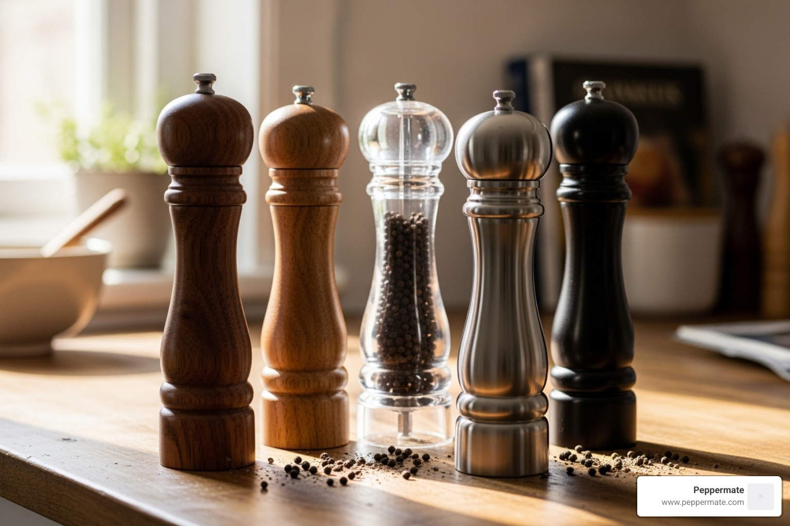 Peppermate pepper mills showcasing different materials like wood, acrylic, and stainless steel - manual pepper mill grinder Peppermate pepper mills showcasing different materials like wood, acrylic, and stainless steel - manual pepper mill grinder
