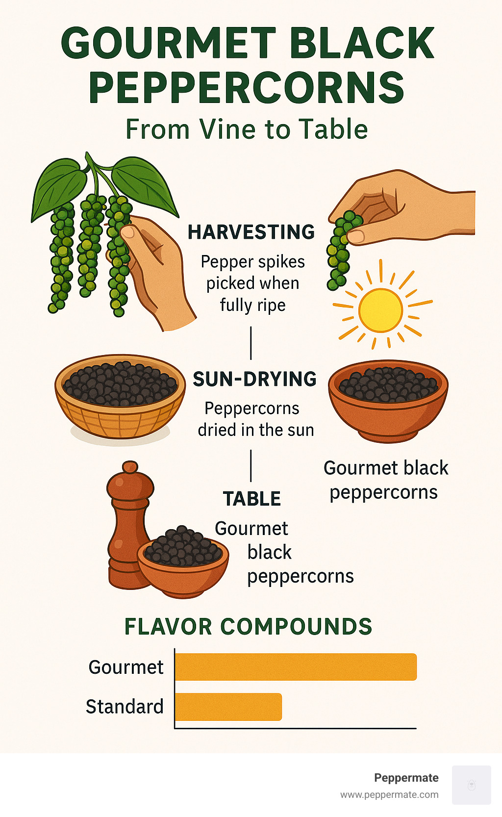 Infographic showing the journey of gourmet black peppercorns from vine to table, including harvesting stages, traditional sun-drying process, and comparison of flavor compounds between gourmet and standard peppercorns - gourmet black peppercorns infographic 
