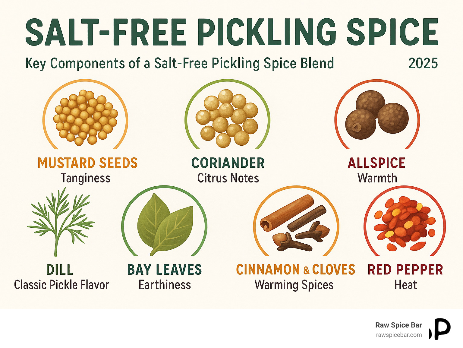 Infographic showing the essential components of salt-free pickling spice blend including mustard seeds for tanginess, coriander for citrus notes, allspice for warmth, dill for classic pickle flavor, bay leaves for earthiness, cinnamon and cloves for warming spices, and red pepper for heat - salt free pickling spice infographic 
