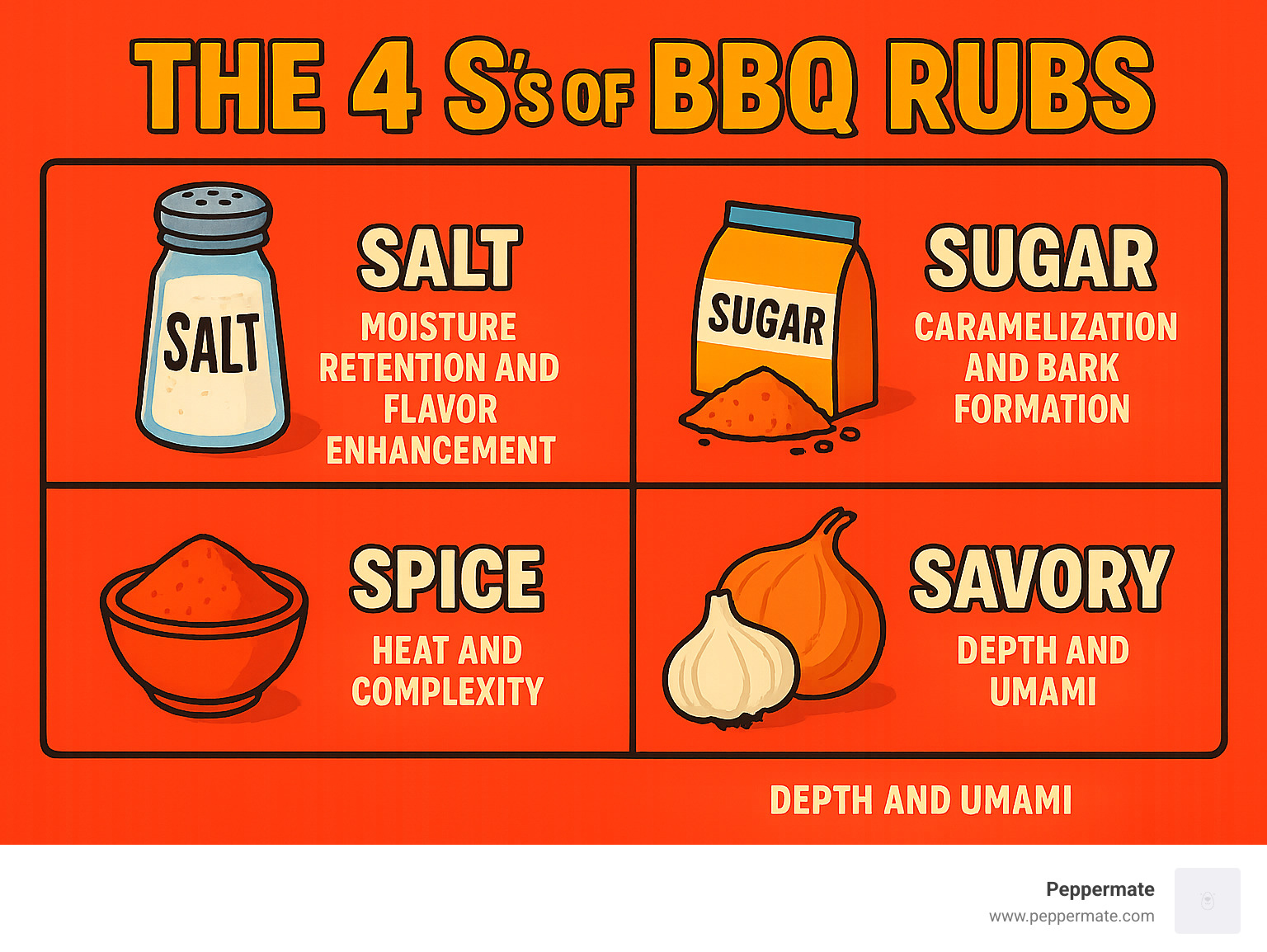 Infographic explaining the 4 S's of BBQ Rubs: Salt for moisture retention and flavor improvement, Sugar for caramelization and bark formation, Spice for heat and complexity, and Savory elements like garlic and onion for depth and umami - gourmet bbq rubs infographic 