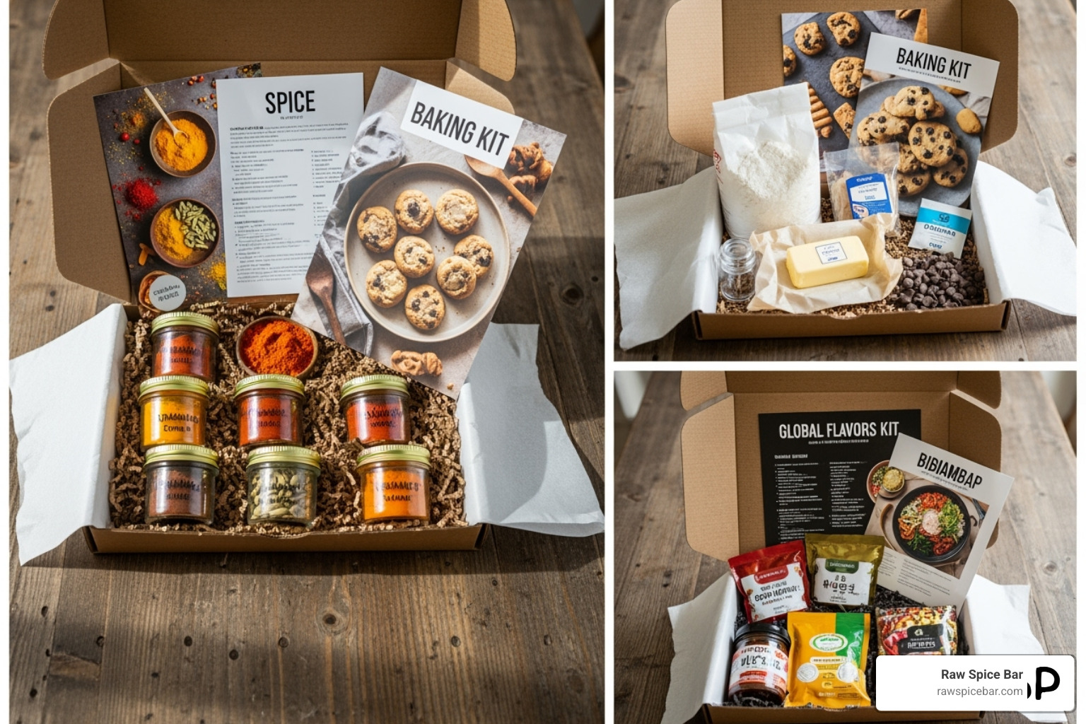 a collage showcasing different types of Raw Spice Bar boxes: a spice kit, a baking spice kit, and a global flavor kit - cooking subscription box gift