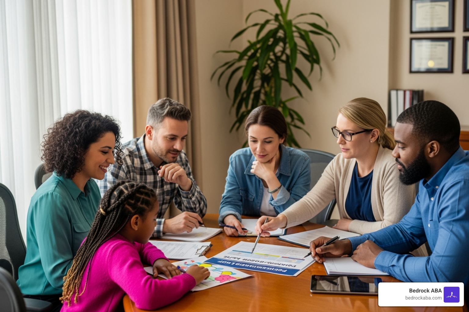 A team meeting including a family and a therapist, collaborating on a PBS plan - positive behavior supports A team meeting including a family and a therapist, collaborating on a PBS plan - positive behavior supports