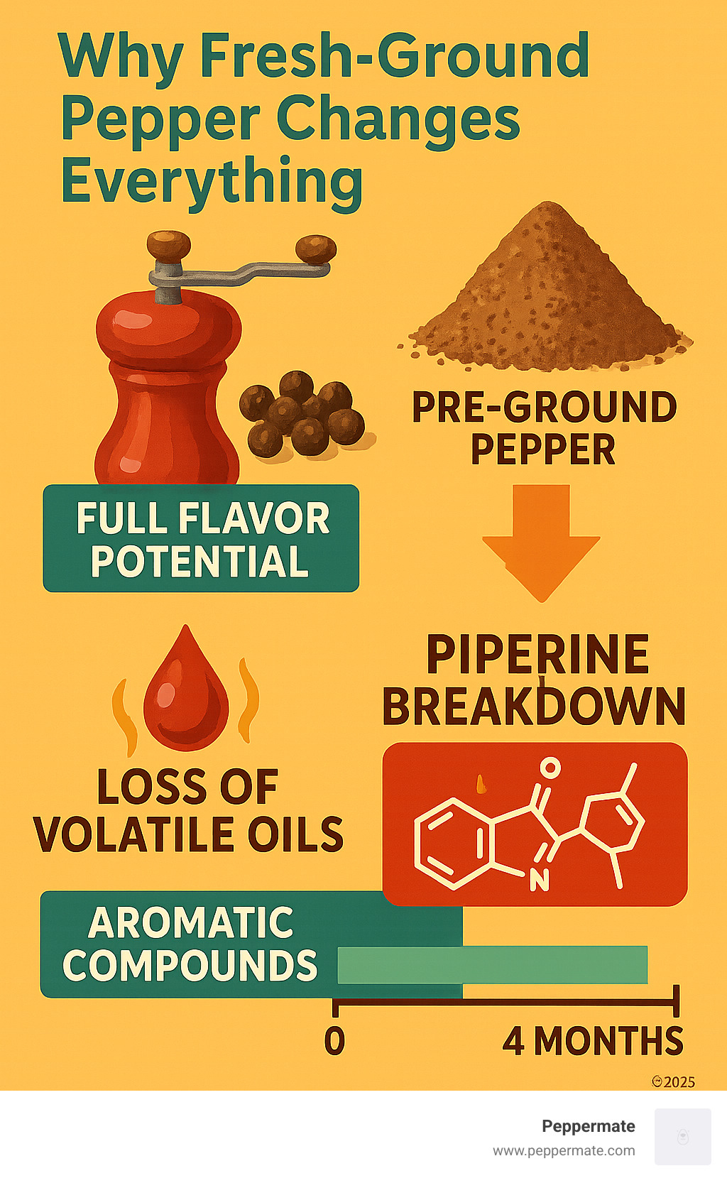 Infographic showing the rapid degradation of aromatic compounds in pre-ground pepper over 4 months compared to whole peppercorns which retain full flavor potential until grinding, with visual representation of volatile oil loss and piperine breakdown - manual pepper mill grinder infographic Infographic showing the rapid degradation of aromatic compounds in pre-ground pepper over 4 months compared to whole peppercorns which retain full flavor potential until grinding, with visual representation of volatile oil loss and piperine breakdown - manual pepper mill grinder infographic