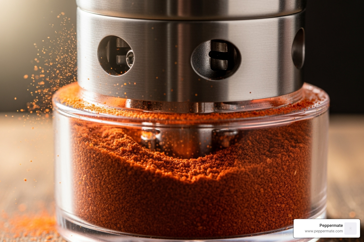 freshly ground chili powder in a clear-based spice grinder - gourmet chili powder