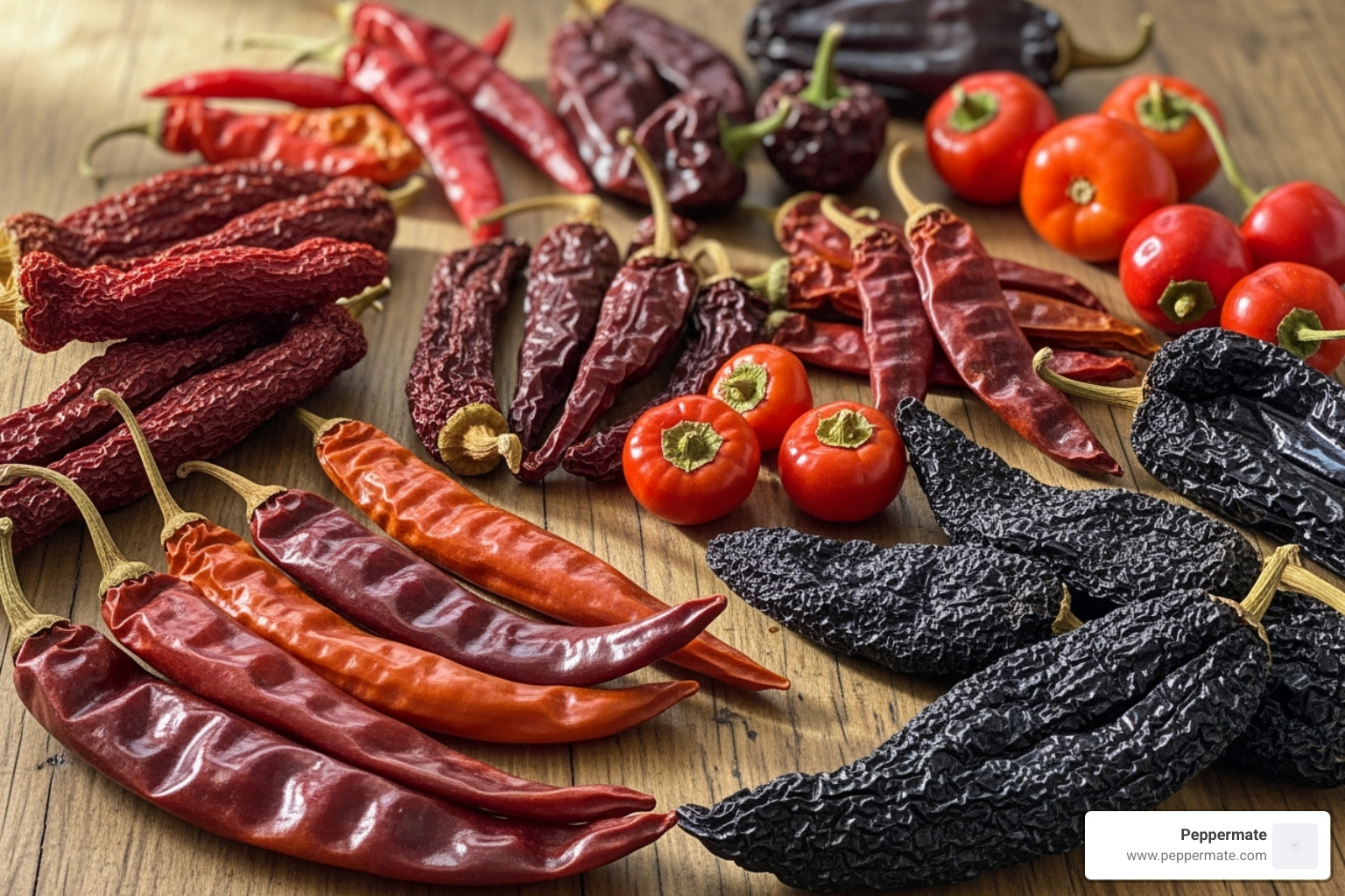 various whole dried chiles like Ancho, Guajillo, and Pasilla labeled with their names - gourmet chili powder