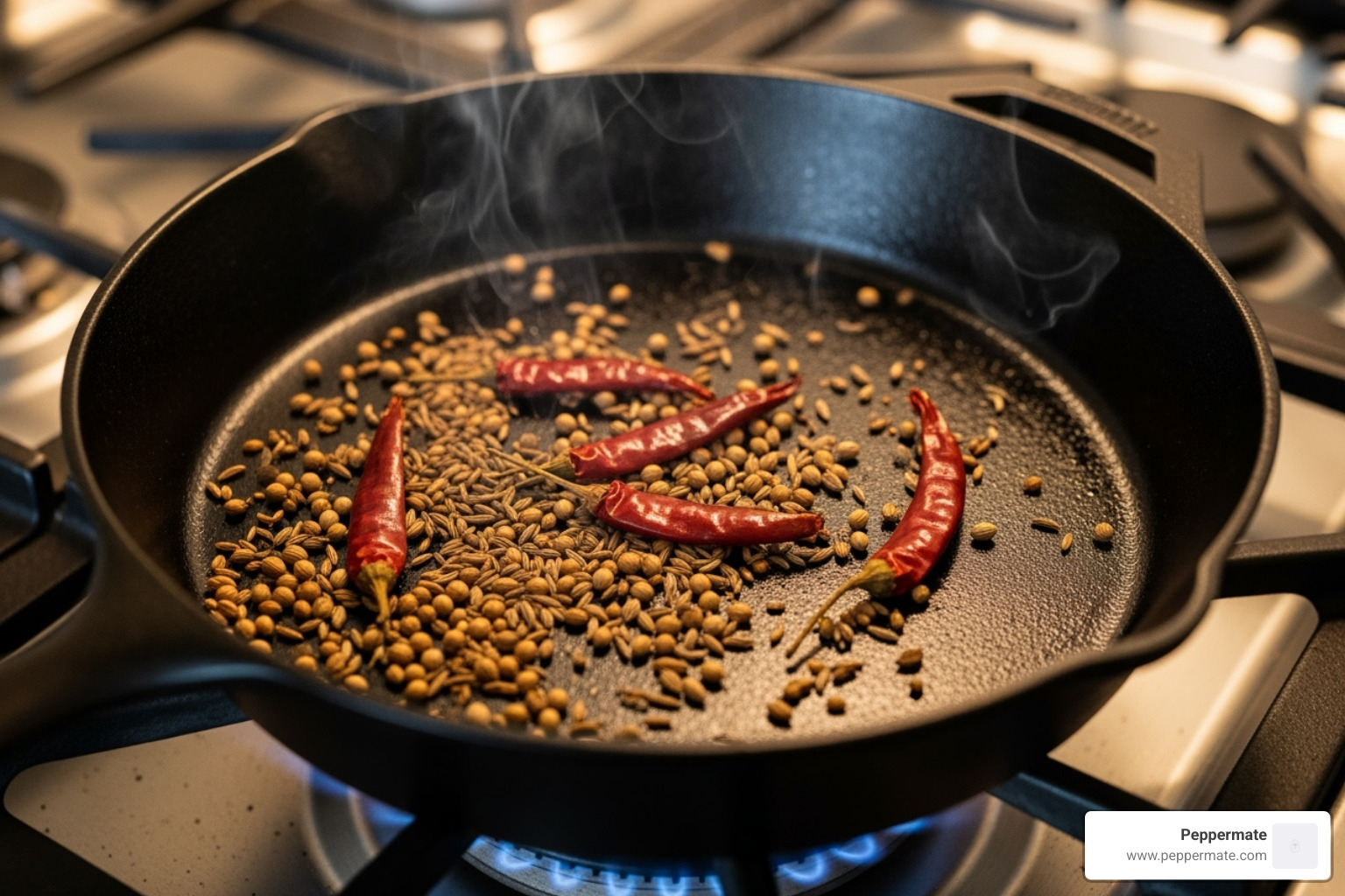 whole spices being toasted in a dry cast-iron skillet - gourmet chili powder