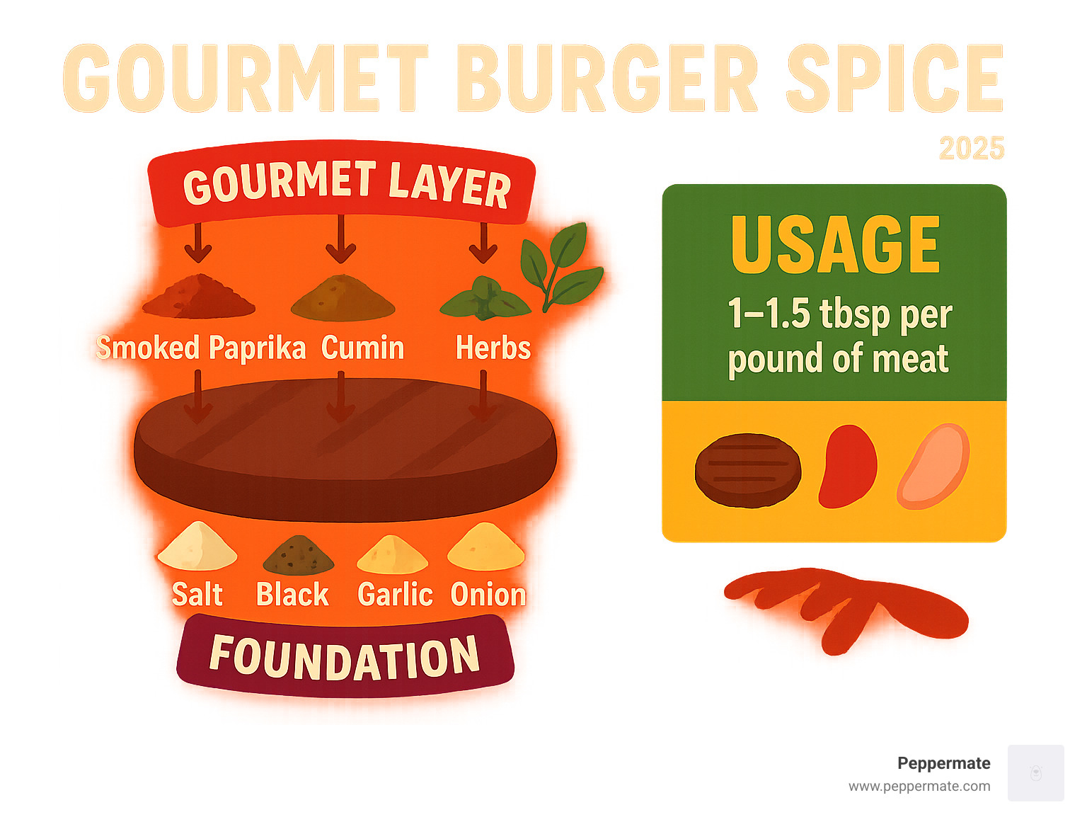 Infographic showing the anatomy of gourmet burger spice blend components, including foundation spices (salt, pepper, garlic, onion), gourmet layer additions (smoked paprika, cumin, herbs), and usage ratios for different meat types - gourmet burger spice infographic 