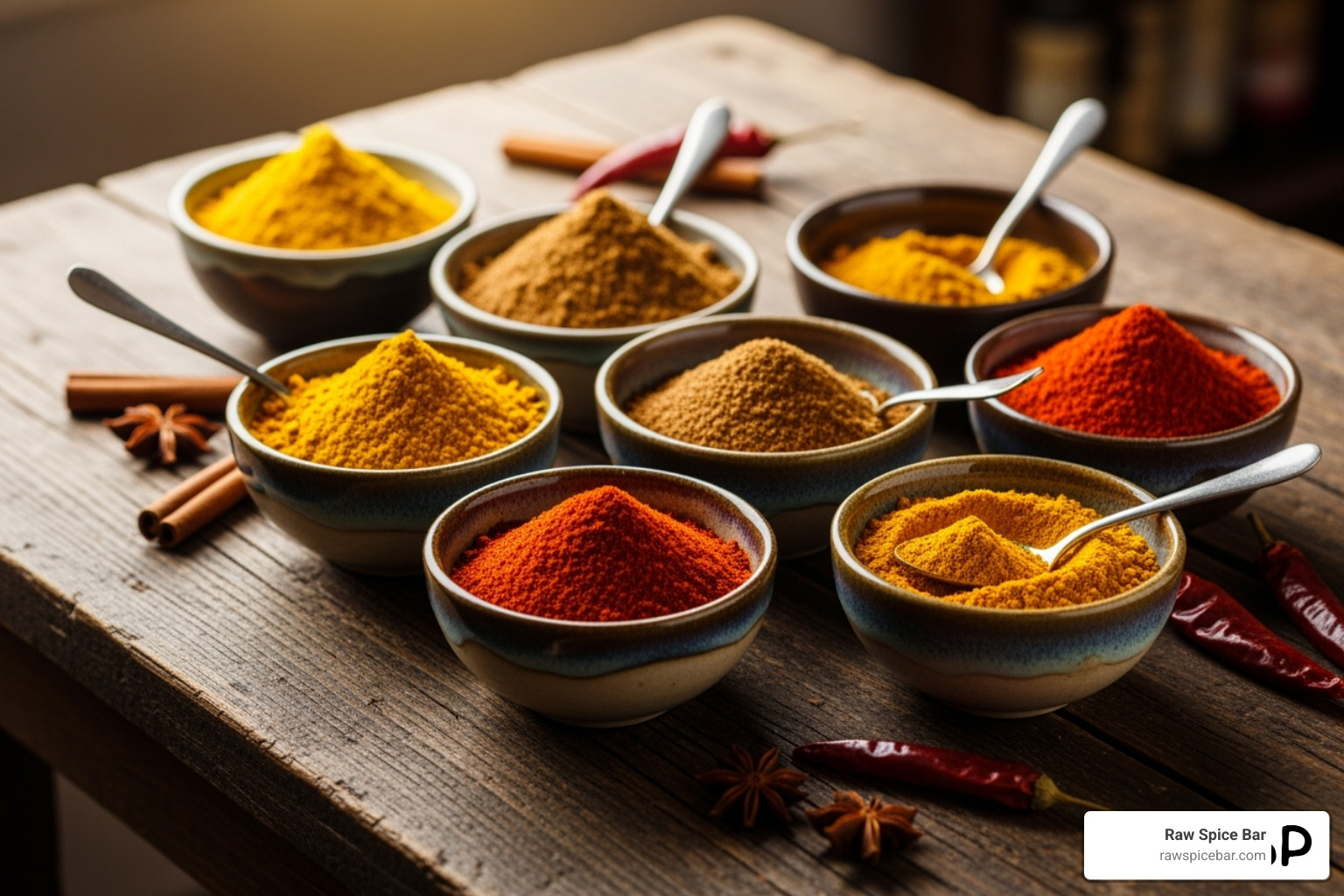 various spice blends like curry powder, garam masala, and chili powder in small bowls - list of herbs and spices