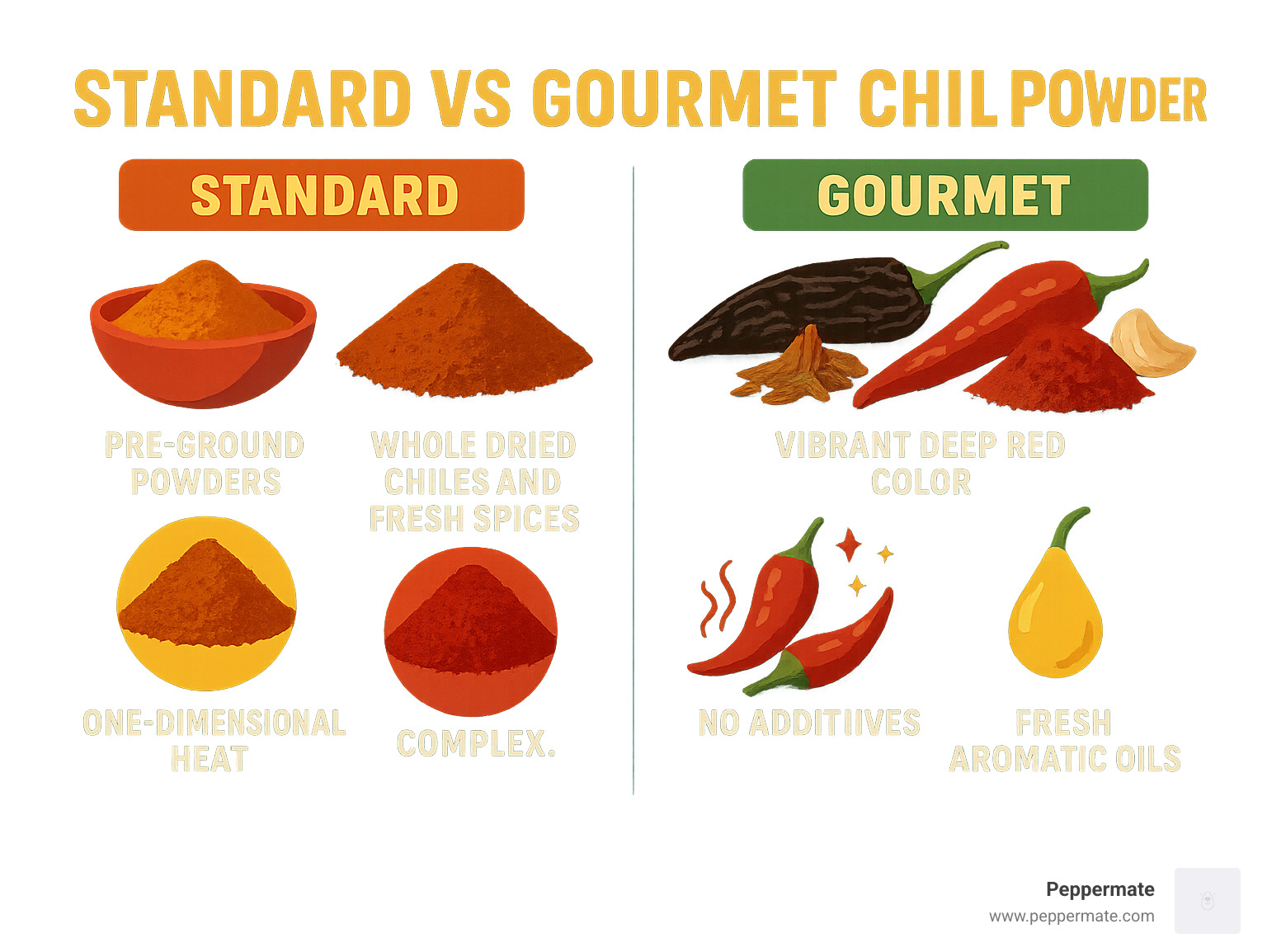 Infographic showing side-by-side comparison of standard vs gourmet chili powder: whole dried chiles and fresh spices vs pre-ground powders, vibrant deep red color vs dull brown, complex multi-layered flavor profile vs one-dimensional heat, no additives vs anti-caking agents and fillers, fresh aromatic oils vs stale processed taste - gourmet chili powder infographic 