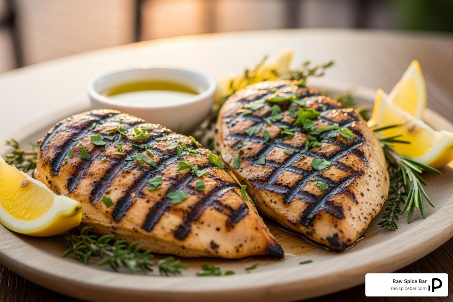 Beautifully seasoned grilled chicken breasts on a platter with fresh herbs - healthy seasonings for chicken