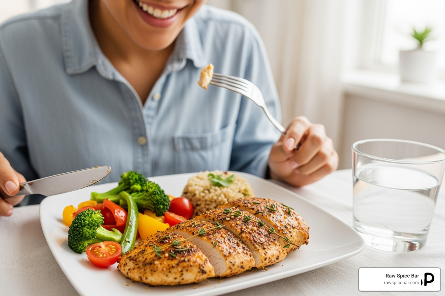 A person enjoying a meal of seasoned chicken - healthy seasonings for chicken