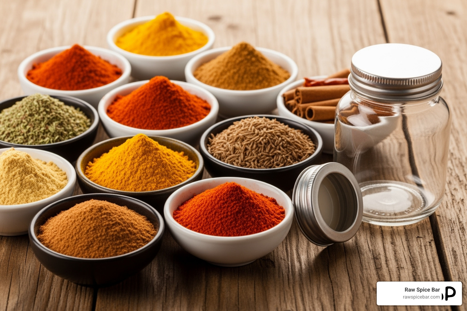 Various spices in small bowls next to an empty spice jar - healthy seasonings for chicken