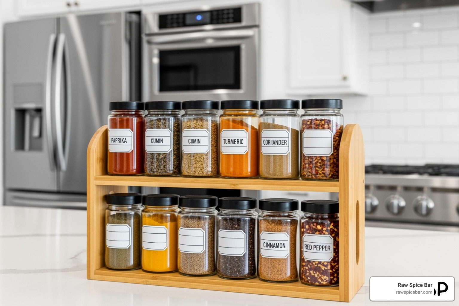 well-organized spice rack with labeled jars - list of herbs and spices
