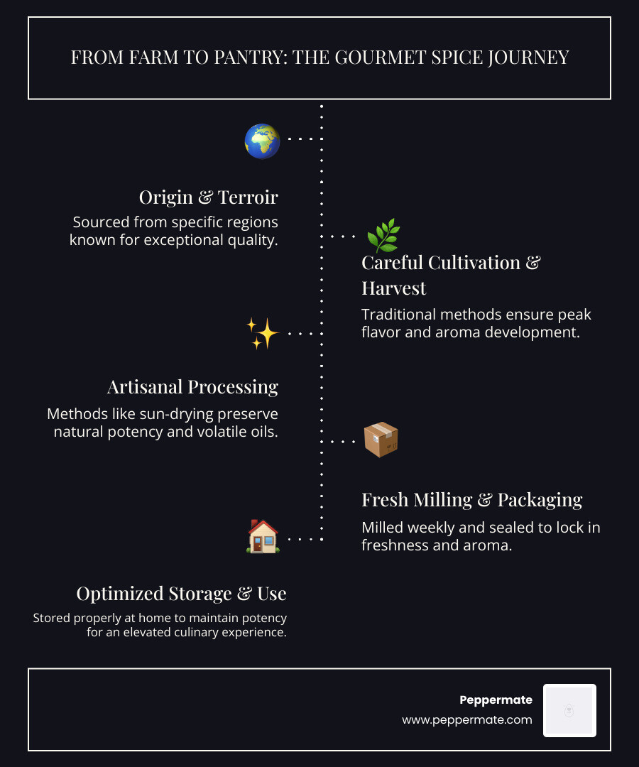 Infographic showing the journey of premium gourmet spices from single-origin farms through careful harvesting, traditional processing methods, weekly milling for peak freshness, and proper storage to maintain volatile oil content until they reach your home kitchen pantry - gourmet spices infographic infographic-line-5-steps-dark