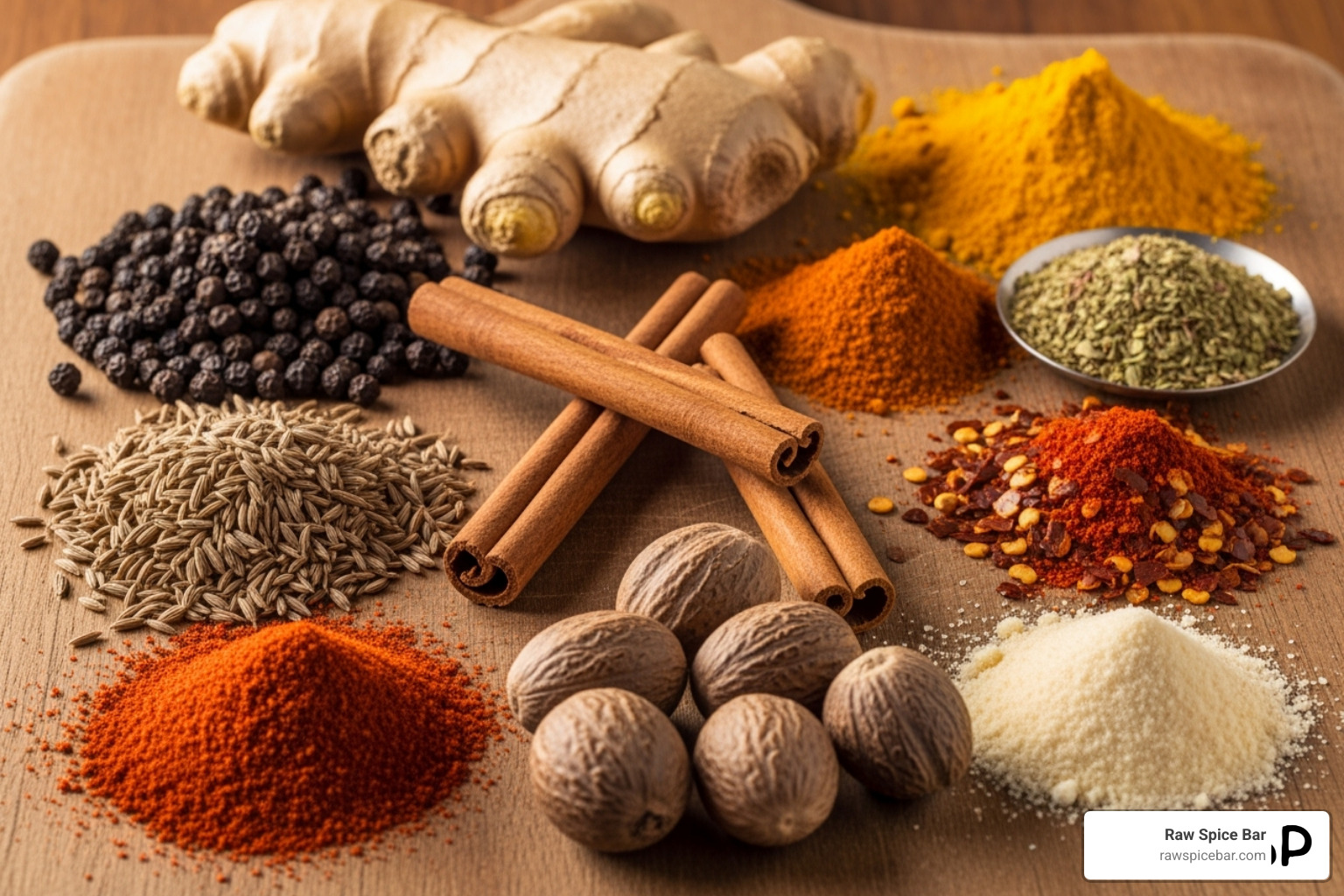 essential whole and ground spices arranged on a wooden board - best spices