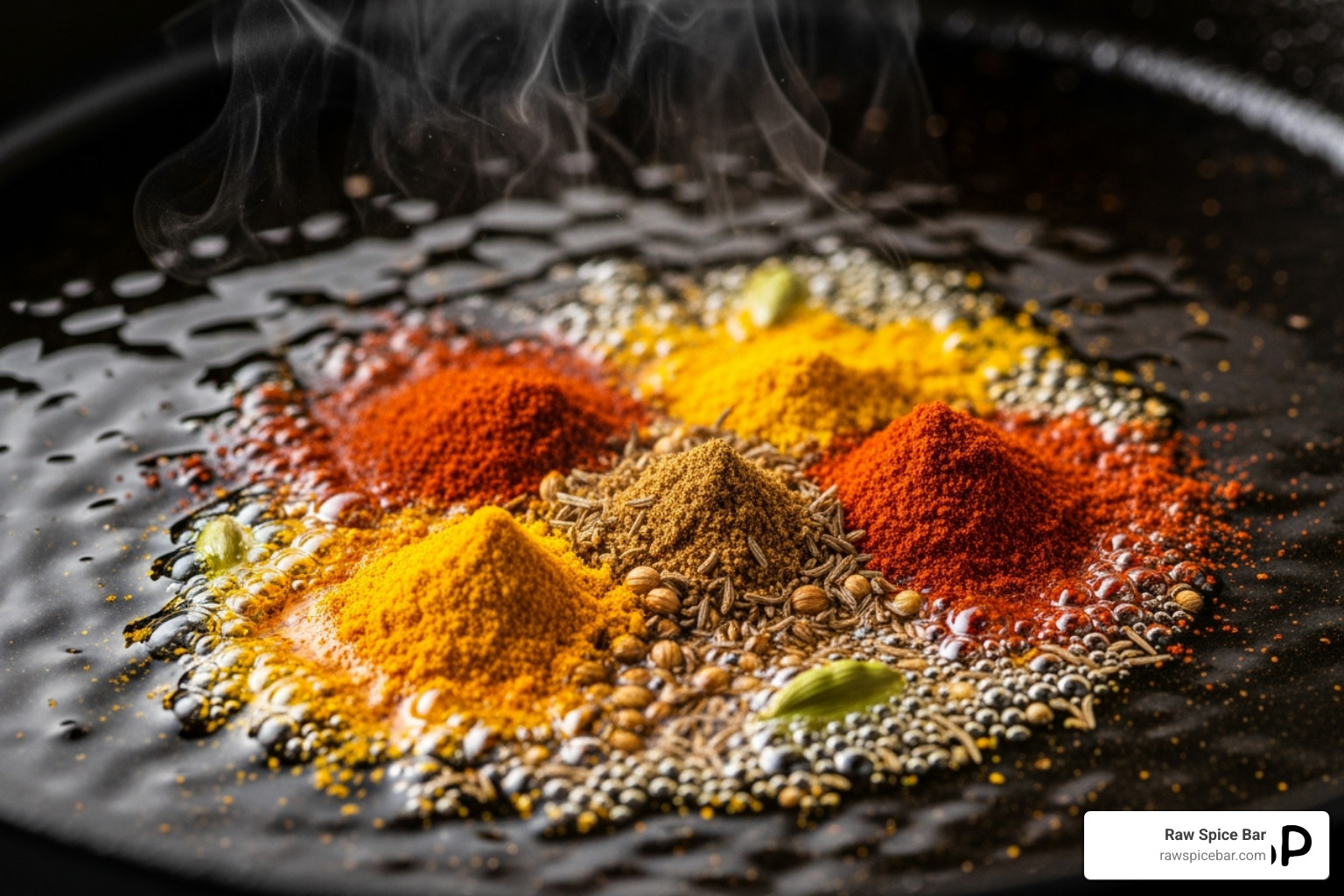 Spices being bloomed in hot oil in a pan - salt free curry powder