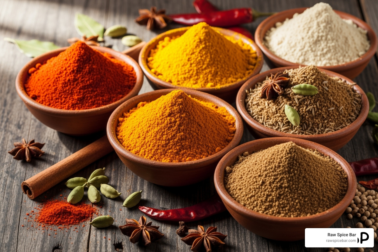 Different types of curry powders in small bowls - salt free curry powder